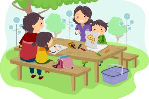 Illustration of a Family with Kids drawing while having their Picnic at the Park